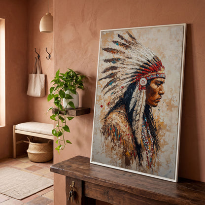 Native American Warrior with Feather Headdress Canvas in white floating frame