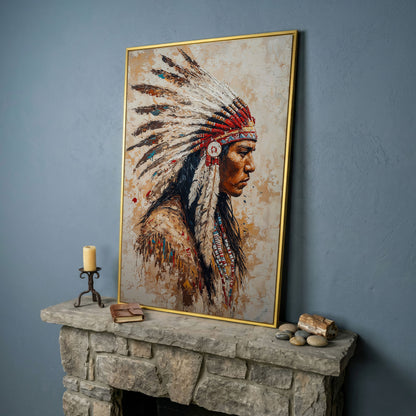 Native American Warrior with Feather Headdress Canvas in yellow gold floating frame