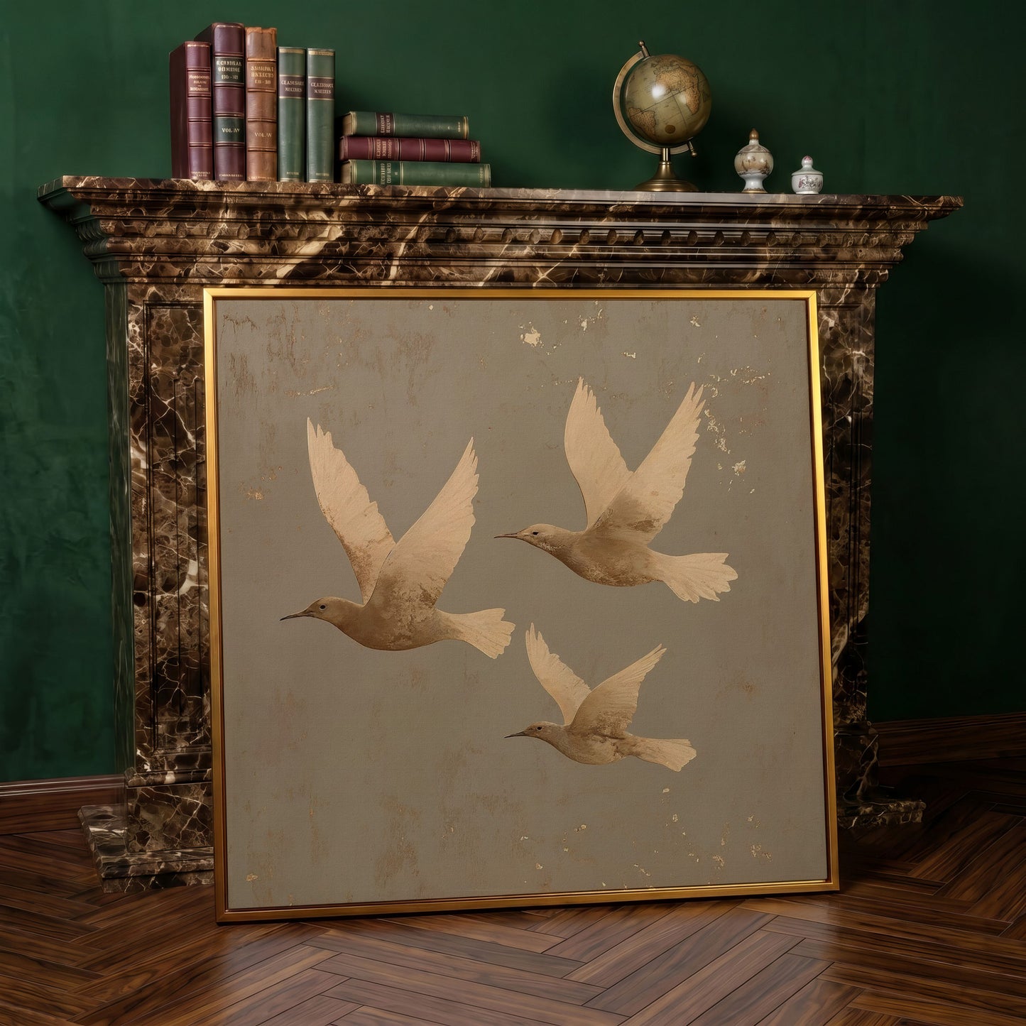 Flying Birds Minimalist Canvas in antique gold floating frame