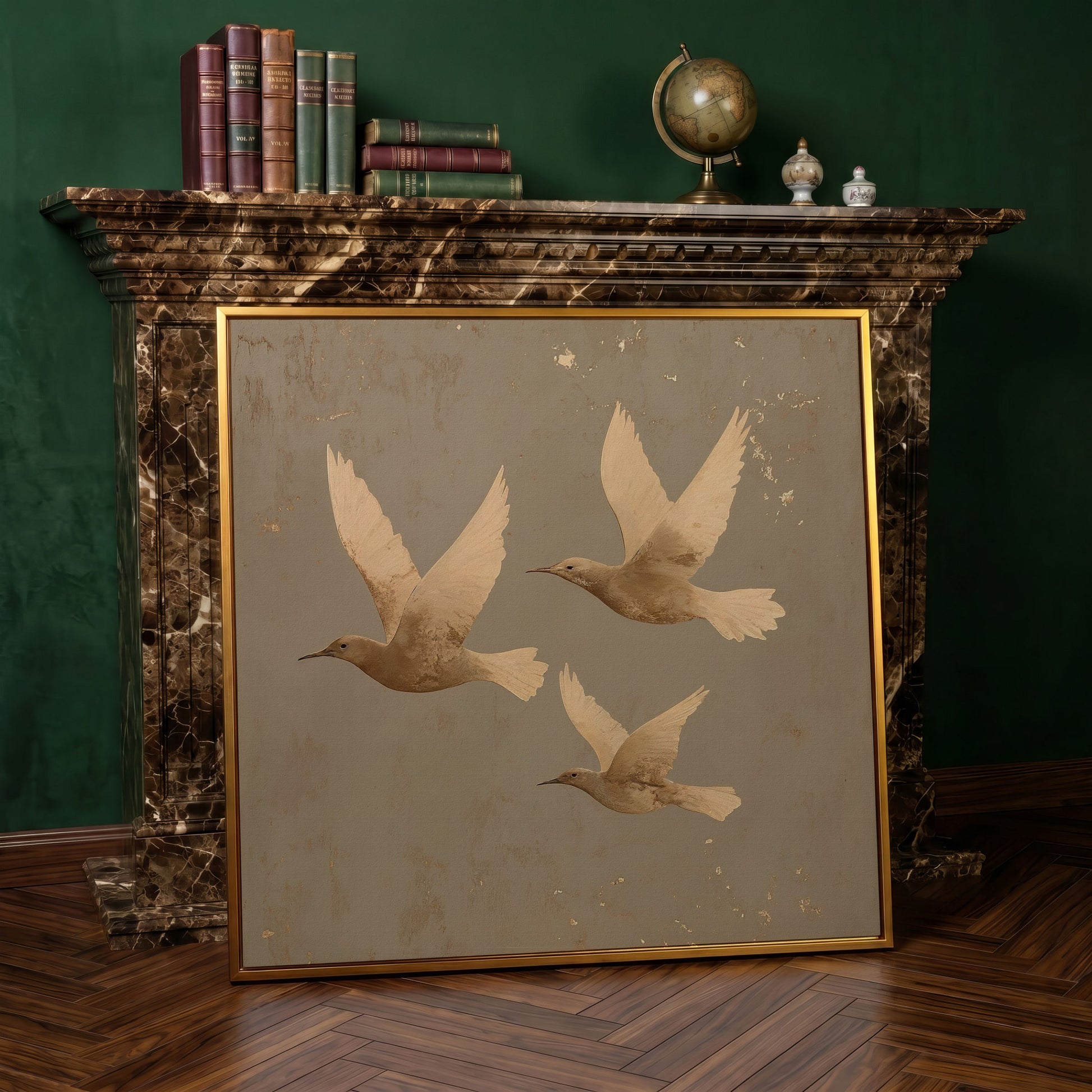 Flying Birds Minimalist Canvas in antique gold floating frame