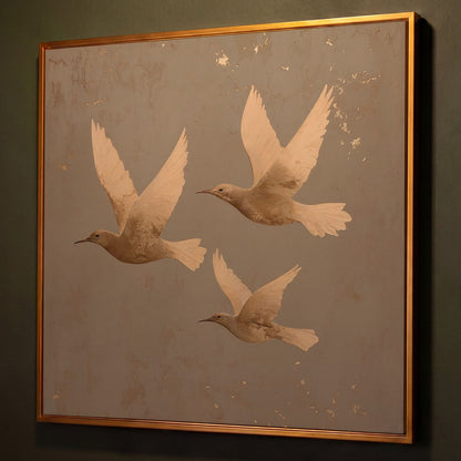 Flying Birds Minimalist Canvas shown in antique gold floating frame