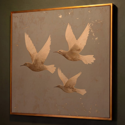 Flying Birds Minimalist Canvas shown in antique gold floating frame