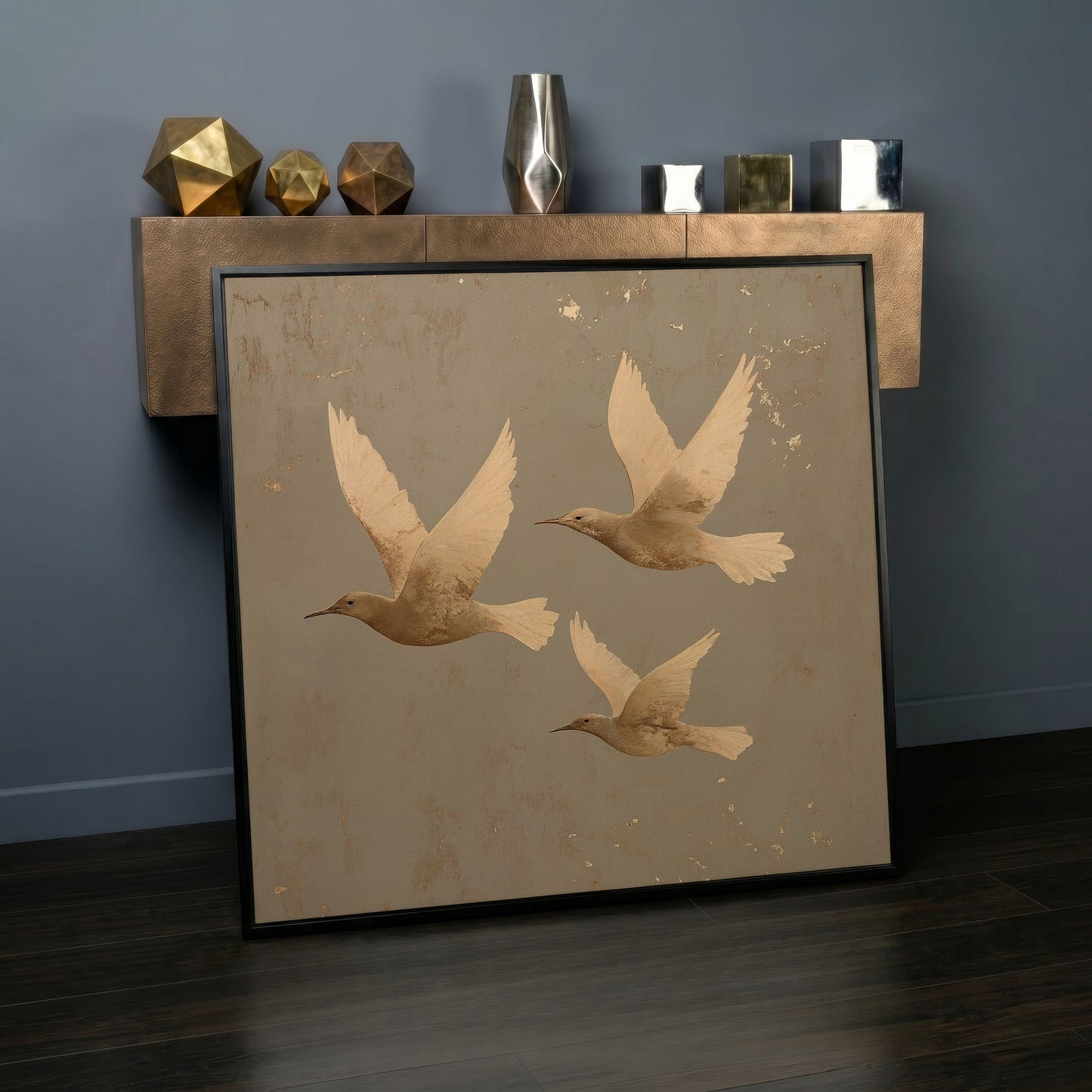 Flying Birds Minimalist Canvas in black floating frame
