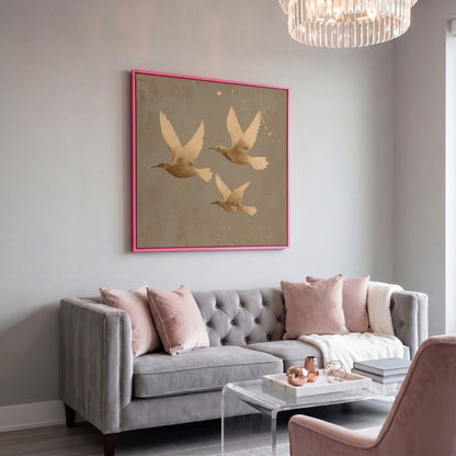 Flying Birds Minimalist Canvas in pink floating frame