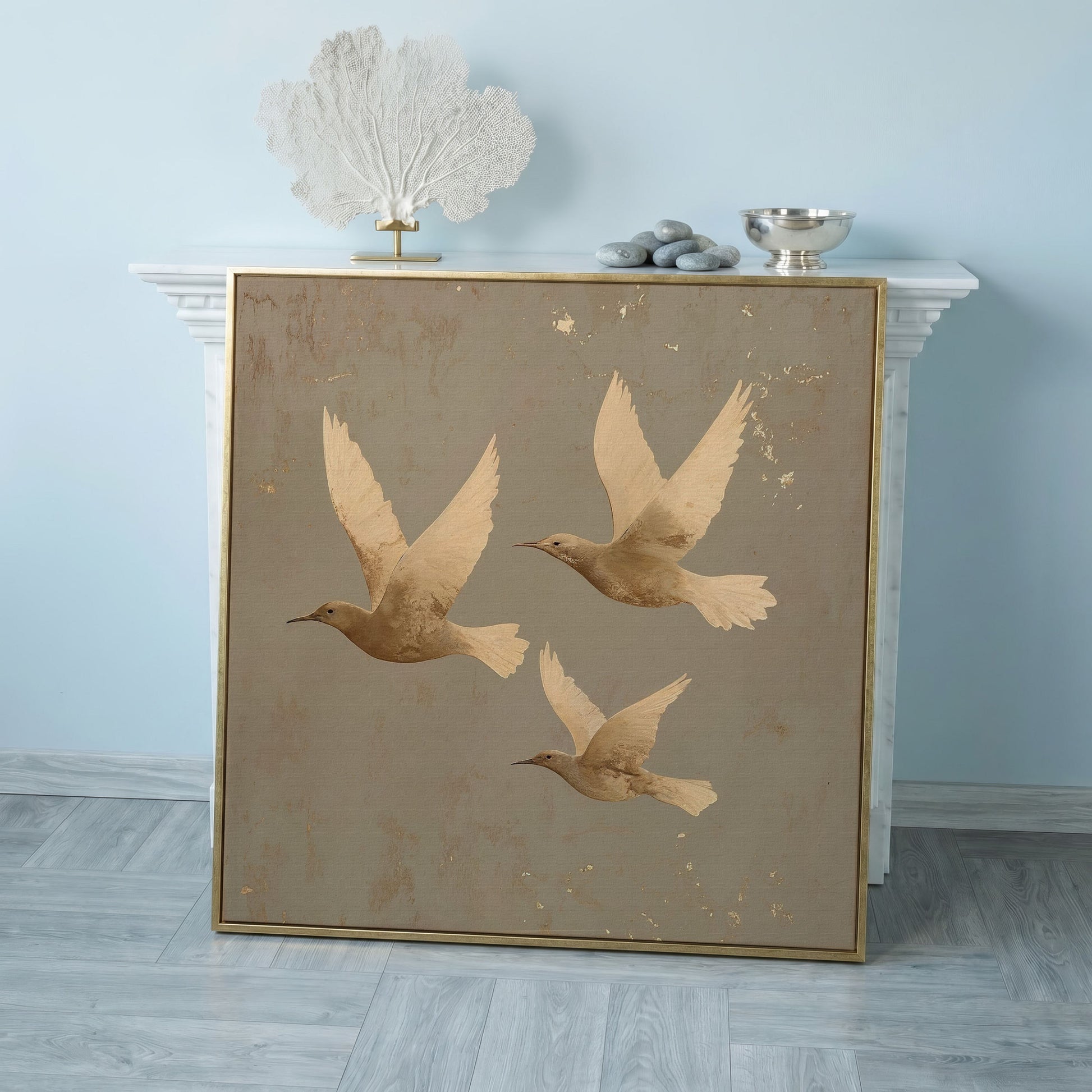 Flying Birds Minimalist Canvas in rose gold floating frame