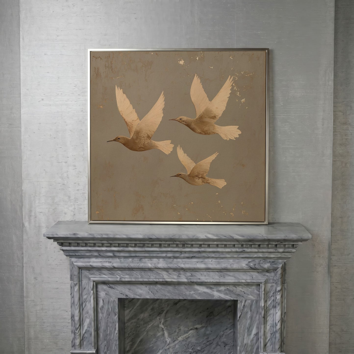 Flying Birds Minimalist Canvas in silver floating frame