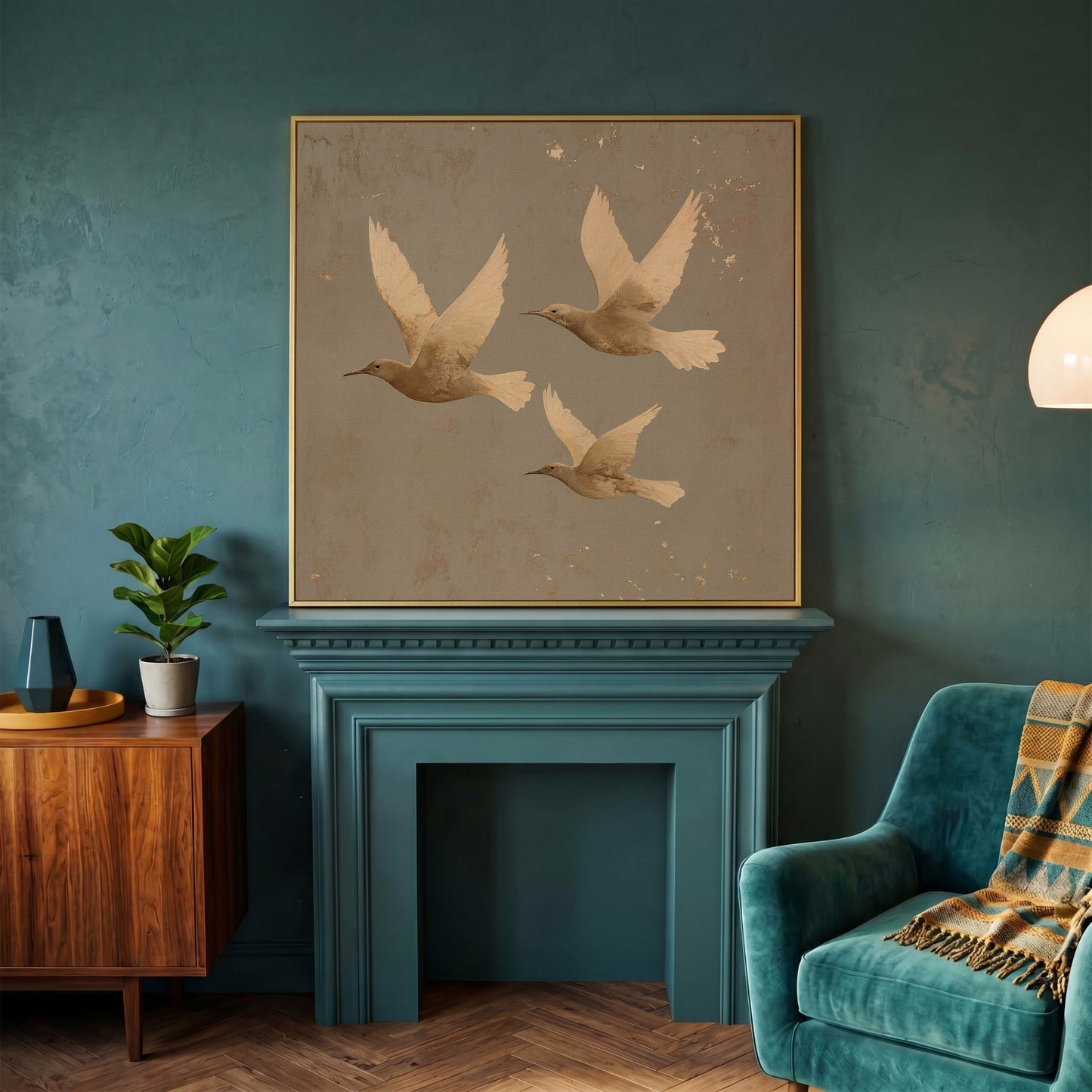 Flying Birds Minimalist Canvas in yellow gold floating frame
