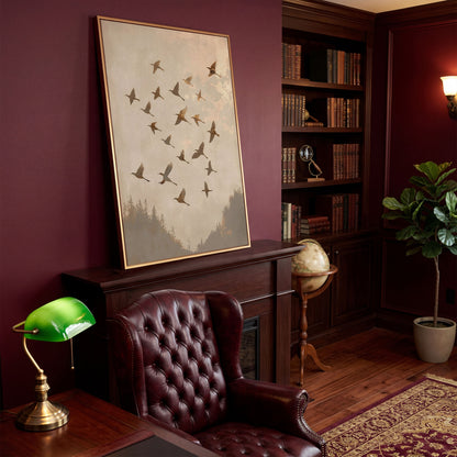 Flock of Birds Canvas Print in Ecru and Sepia in antique gold floating frame