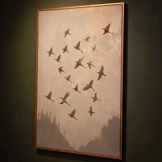 Flock of Birds Canvas Print in Ecru and Sepia shown in antique gold floating frame