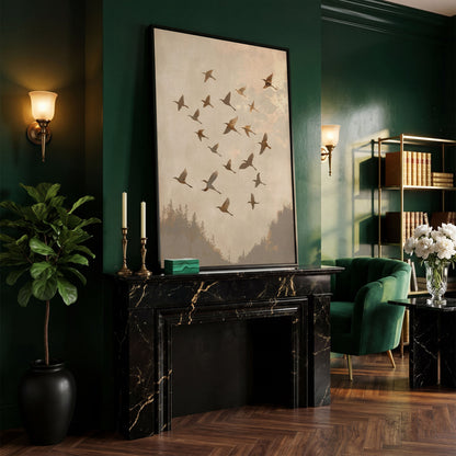 Flock of Birds Canvas Print in Ecru and Sepia in black floating frame