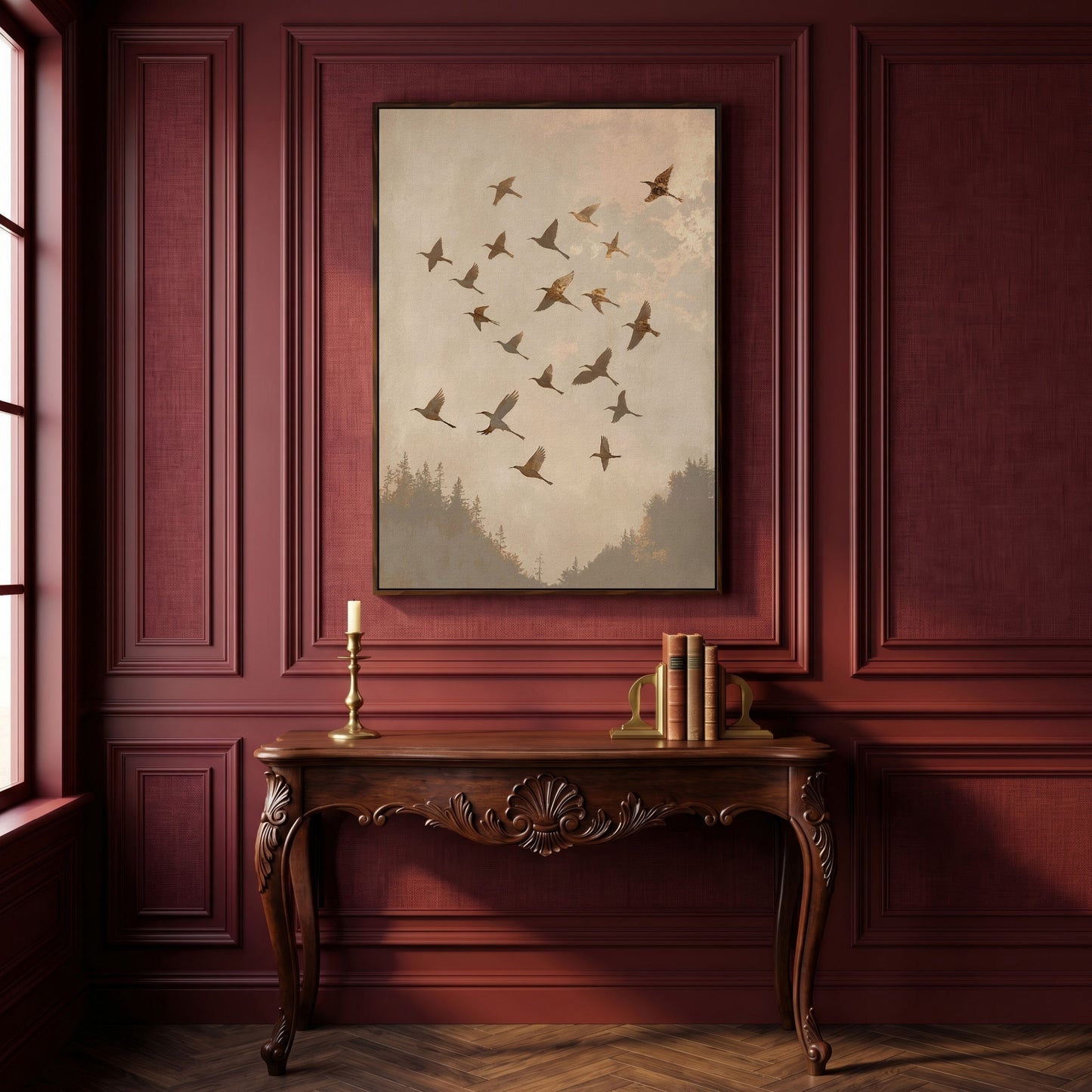 Flock of Birds Canvas Print in Ecru and Sepia in dark walnut floating frame