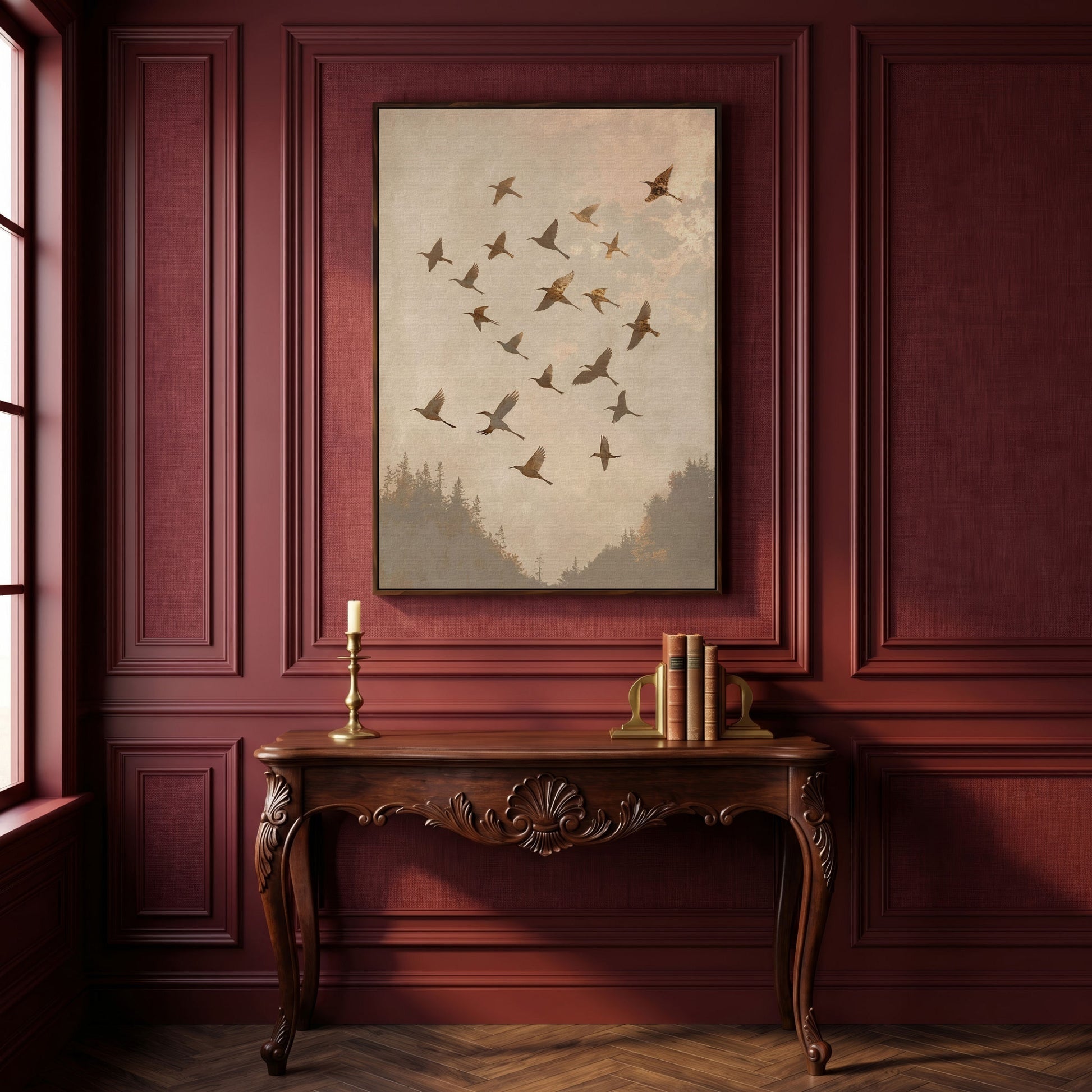Flock of Birds Canvas Print in Ecru and Sepia in dark walnut floating frame