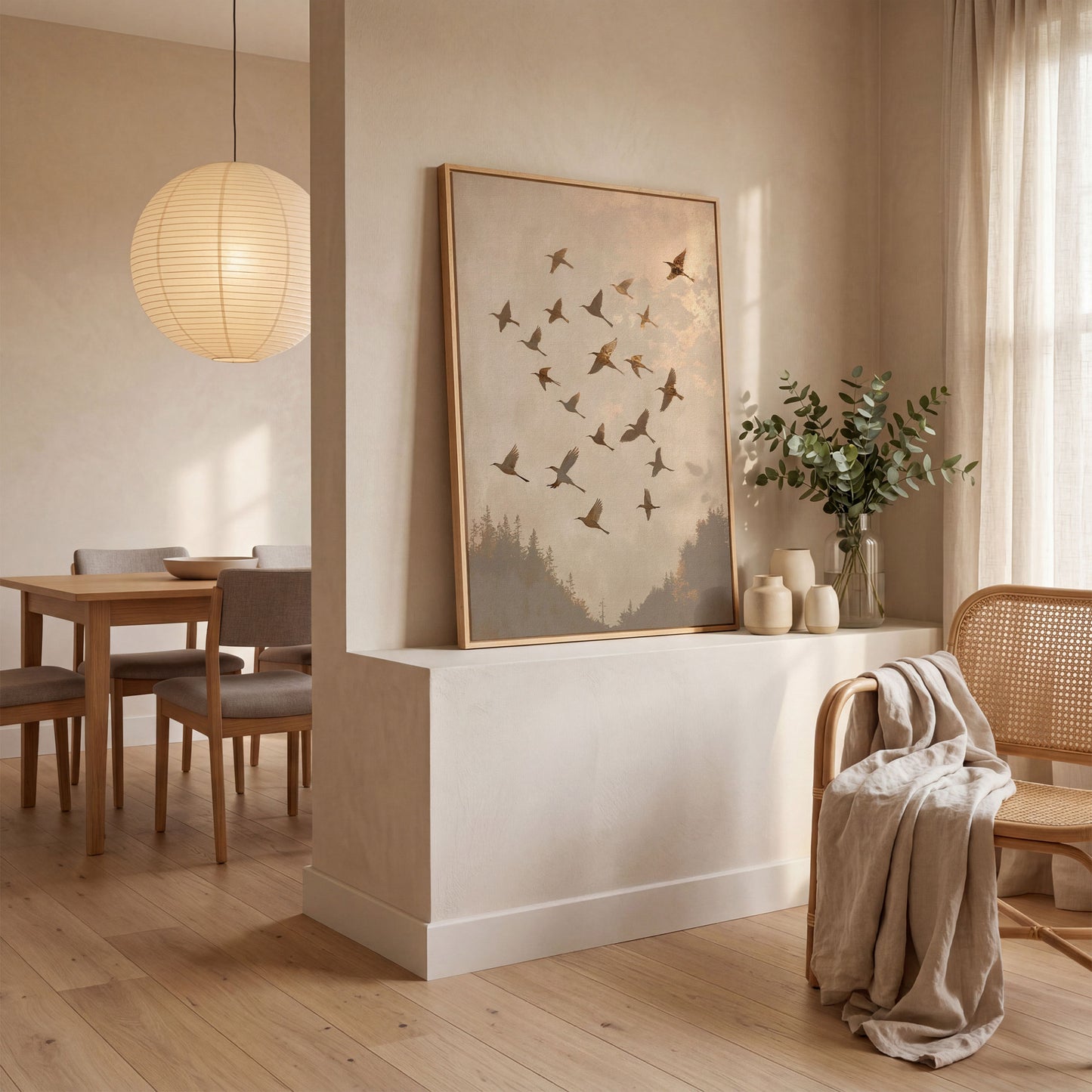 Flock of Birds Canvas Print in Ecru and Sepia in white oak floating frame