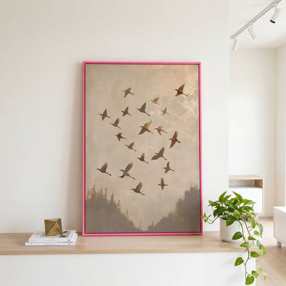 Flock of Birds Canvas Print in Ecru and Sepia in pink floating frame