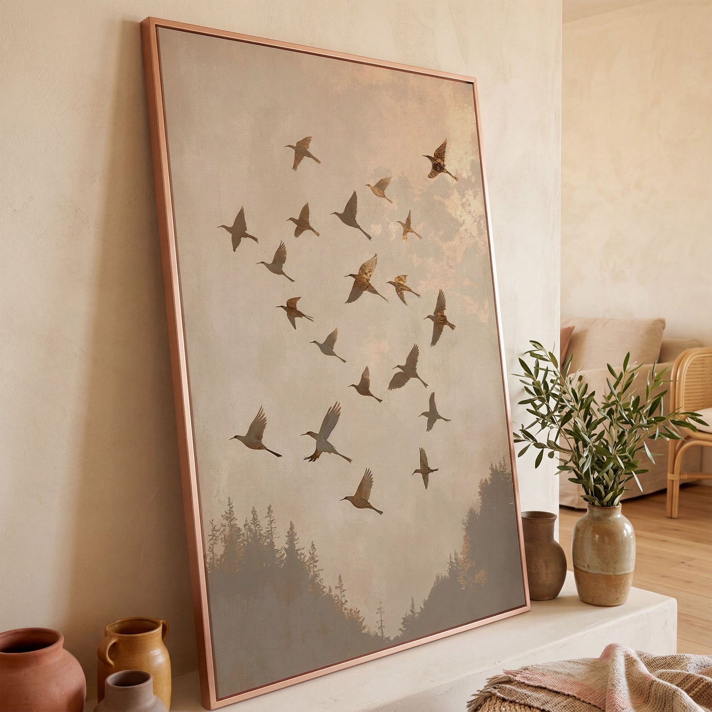 Flock of Birds Canvas Print in Ecru and Sepia in rose gold floating frame