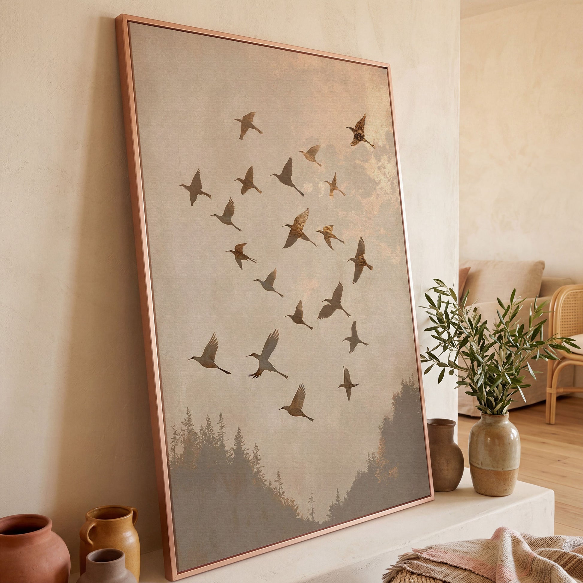 Flock of Birds Canvas Print in Ecru and Sepia in rose gold floating frame