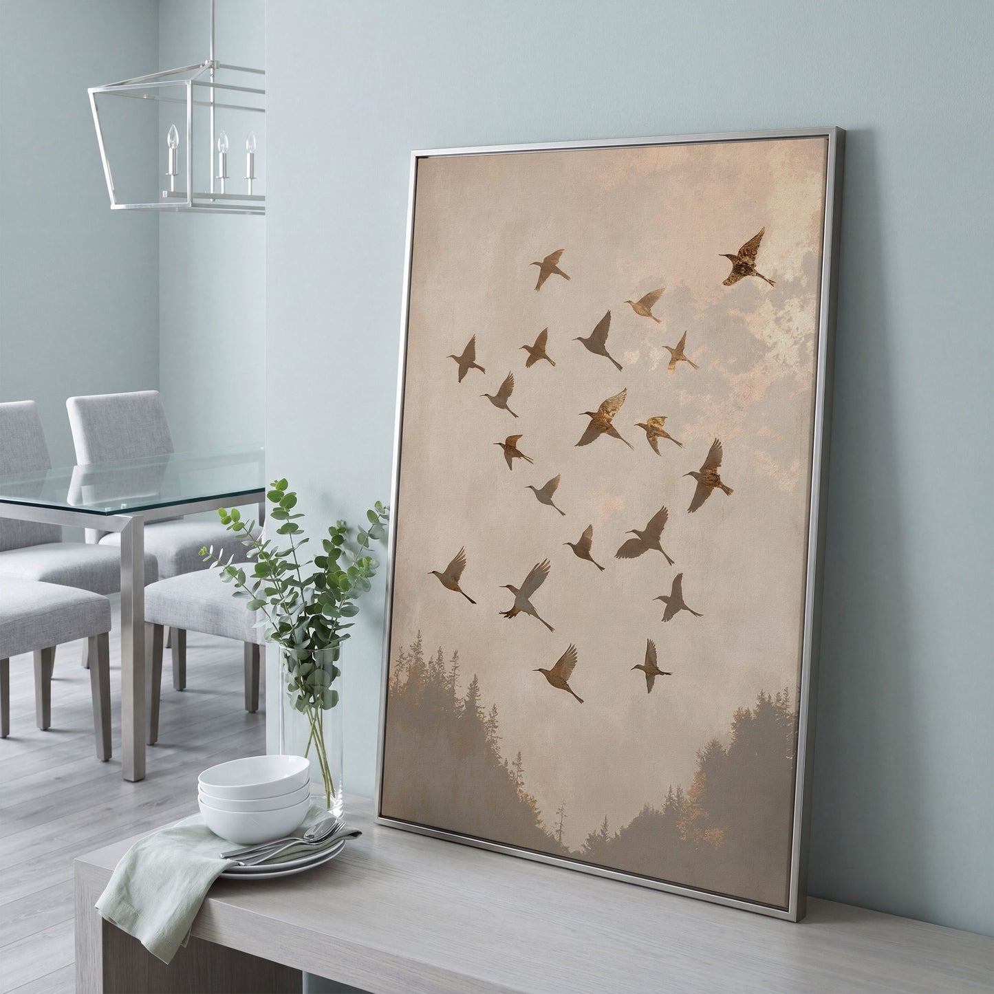 Flock of Birds Canvas Print in Ecru and Sepia in silver floating frame