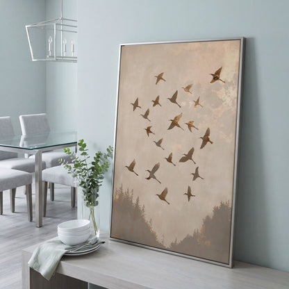 Flock of Birds Canvas Print in Ecru and Sepia in silver floating frame