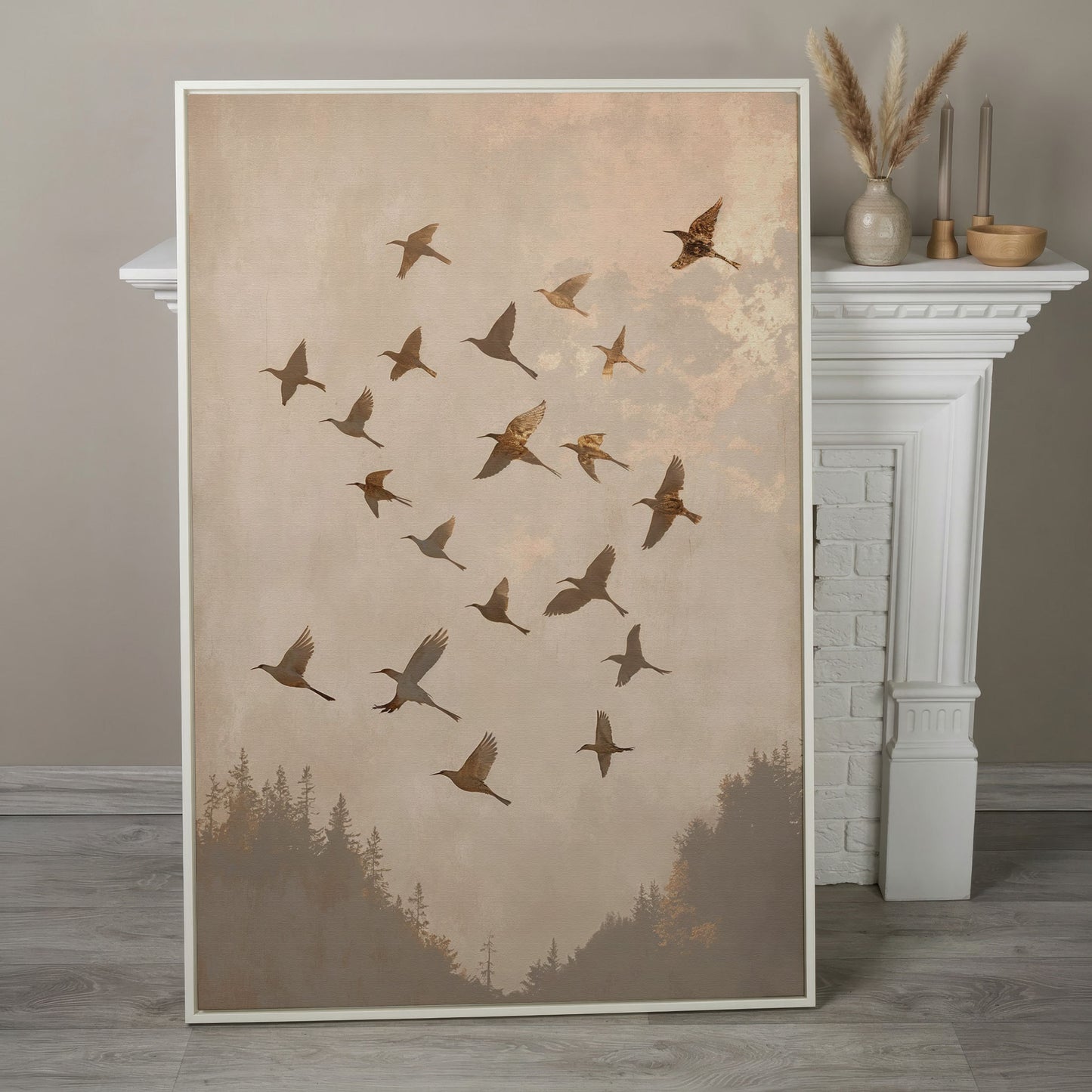 Flock of Birds Canvas Print in Ecru and Sepia in white floating frame