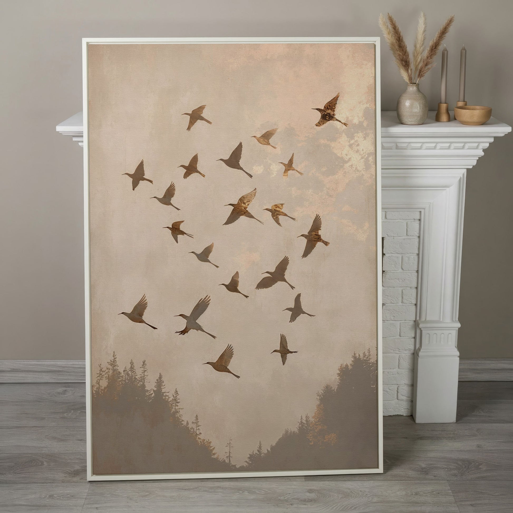 Flock of Birds Canvas Print in Ecru and Sepia in white floating frame