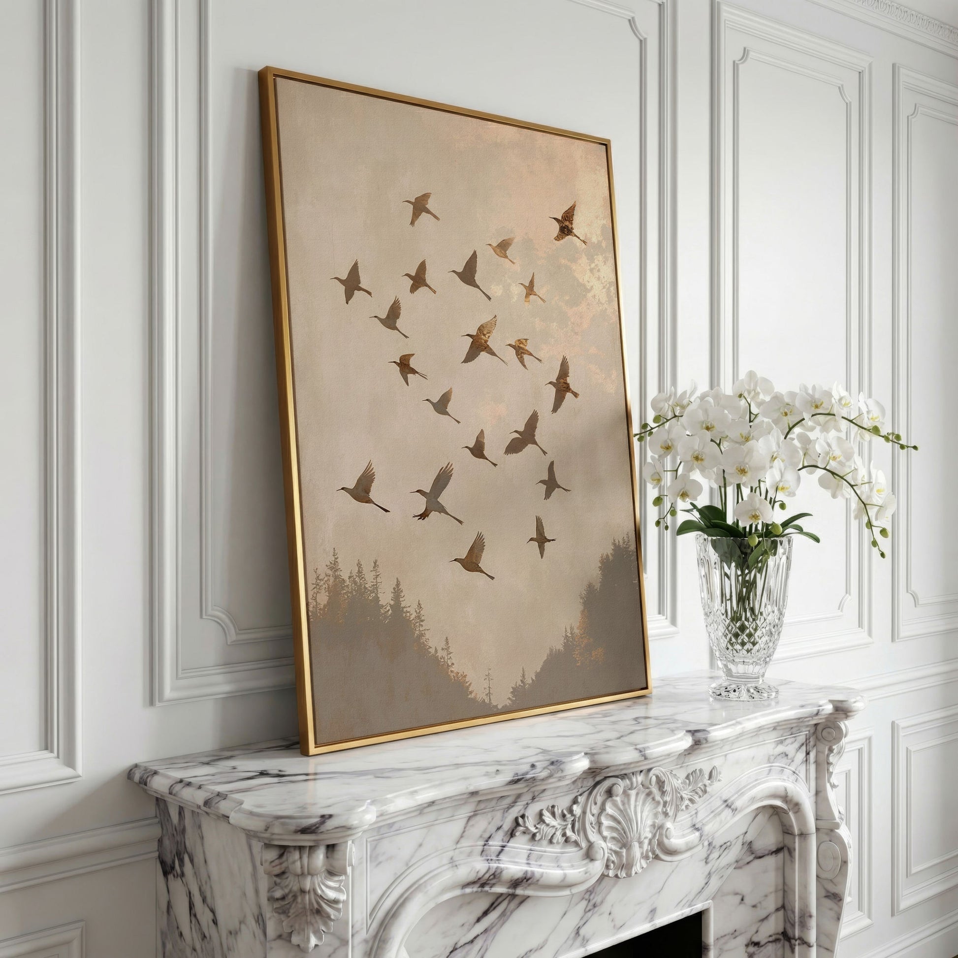 Flock of Birds Canvas Print in Ecru and Sepia in yellow gold floating frame