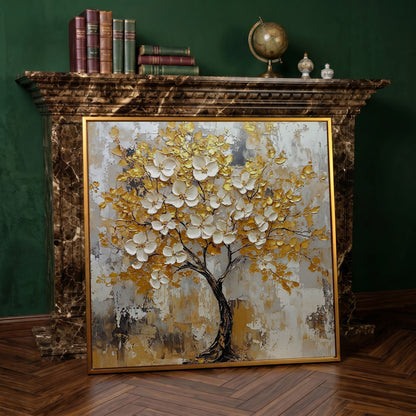 Tree with White Blossoms and Gold Leaves Canvas in antique gold floating frame