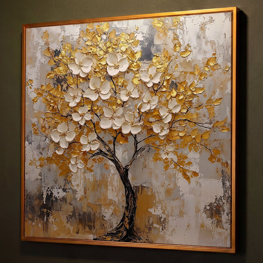 Tree with White Blossoms and Gold Leaves Canvas shown in antique gold floating frame