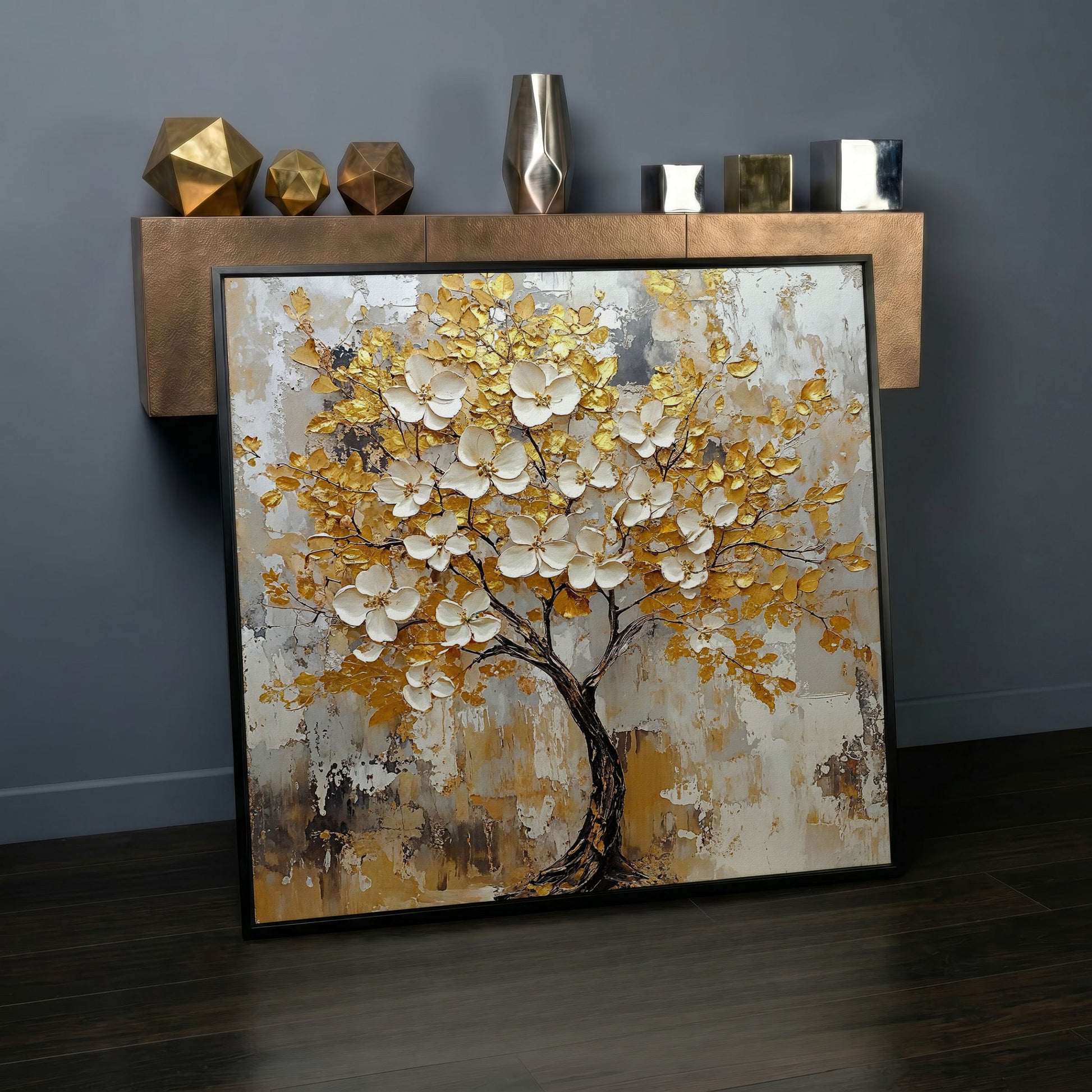 Tree with White Blossoms and Gold Leaves Canvas in black floating frame