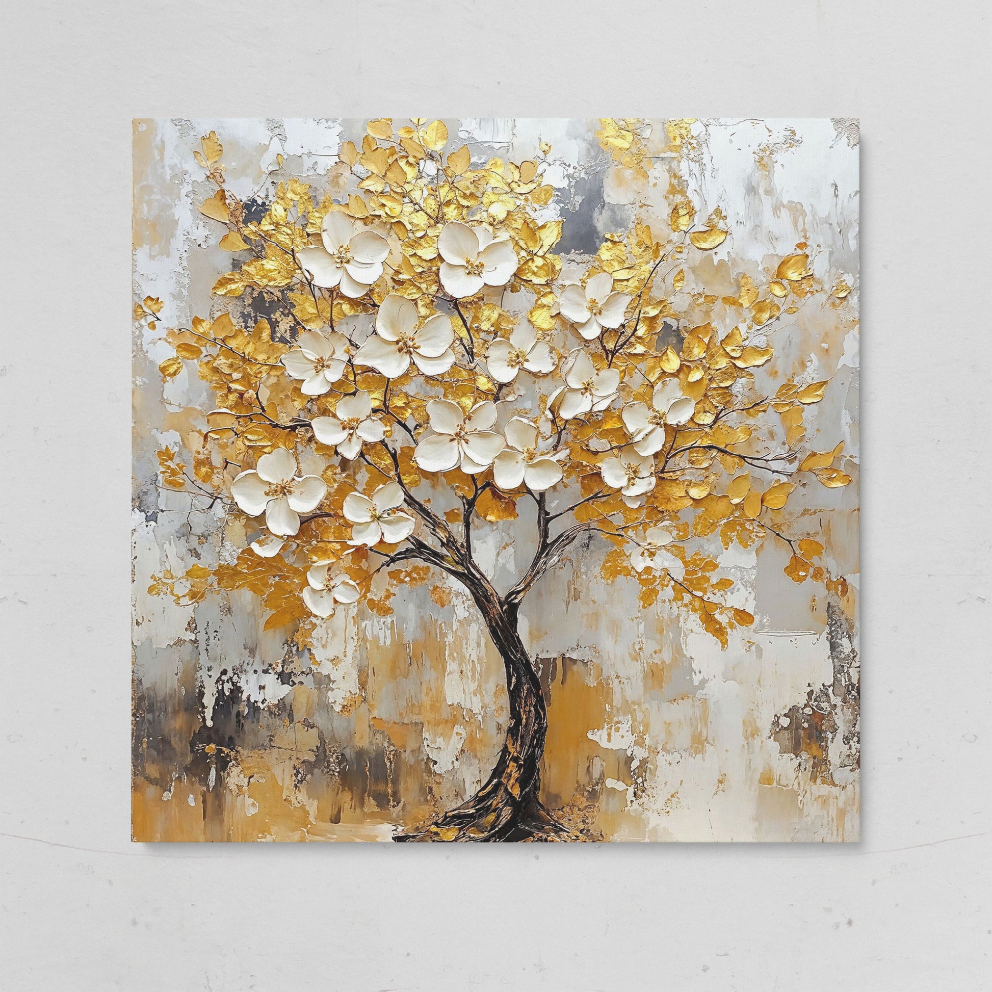 Tree with White Blossoms and Gold Leaves Canvas on gallery wrap
