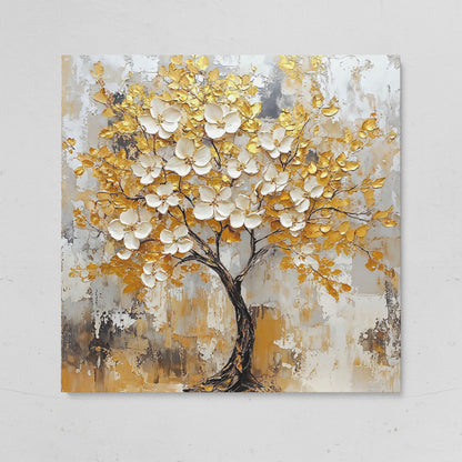 Tree with White Blossoms and Gold Leaves Canvas on gallery wrap