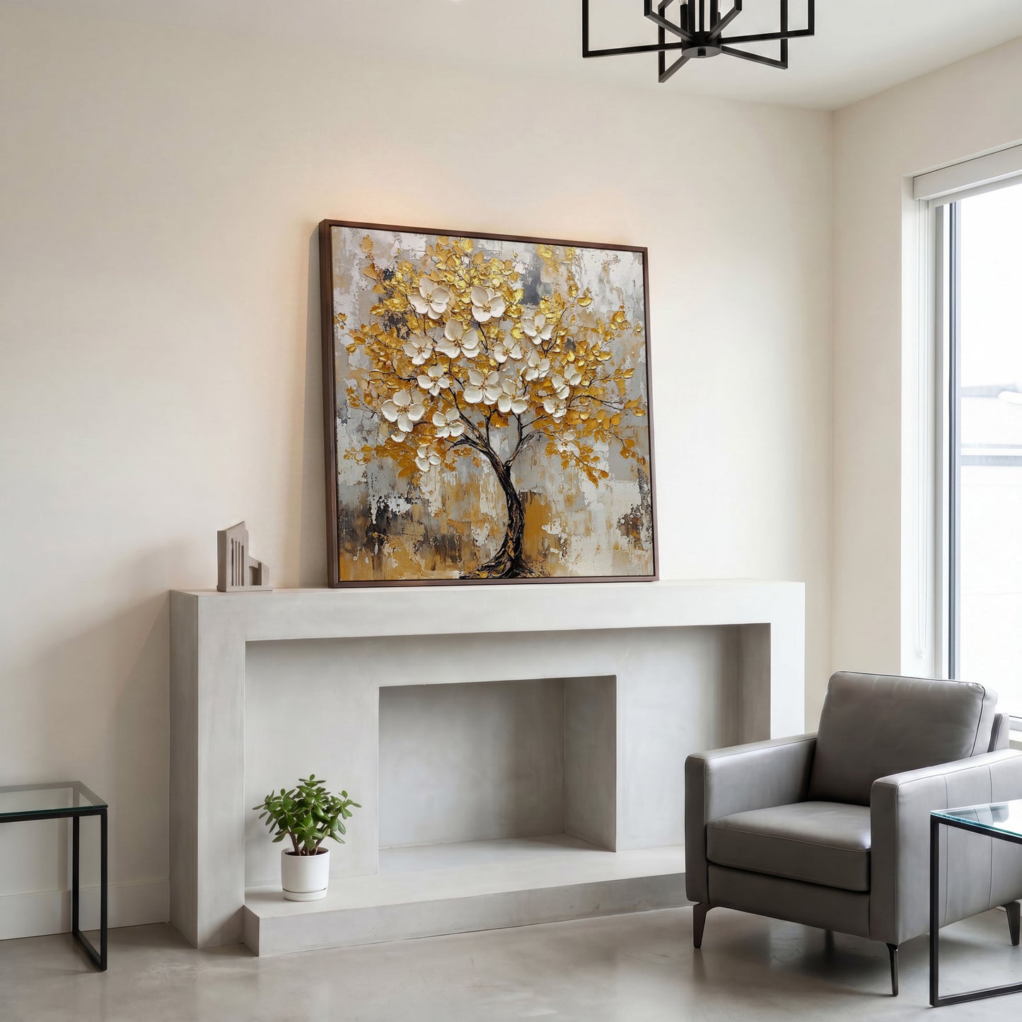Tree with White Blossoms and Gold Leaves Canvas in dark walnut floating frame