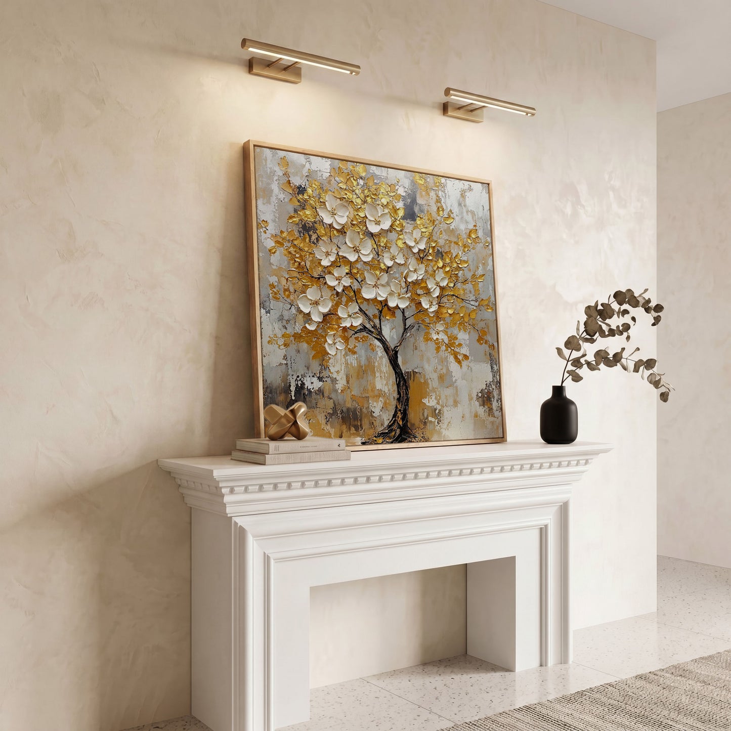 Tree with White Blossoms and Gold Leaves Canvas in white oak floating frame