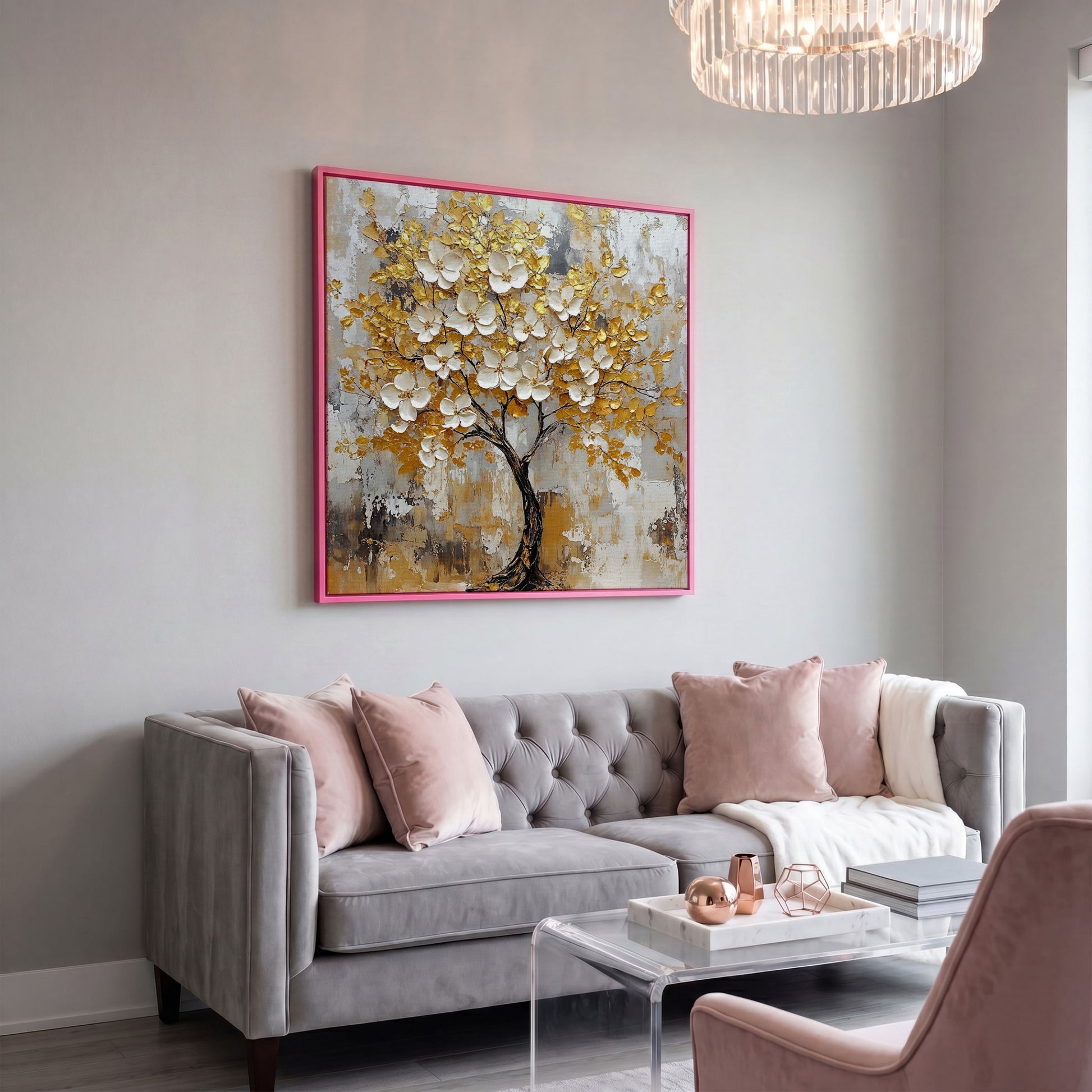 Tree with White Blossoms and Gold Leaves Canvas in pink floating frame