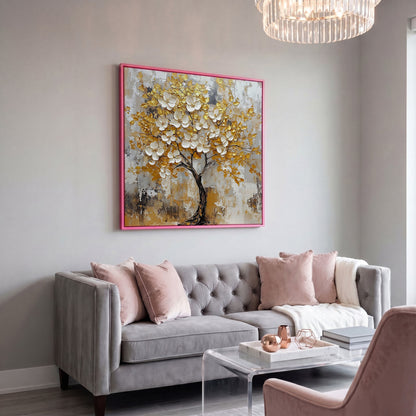 Tree with White Blossoms and Gold Leaves Canvas in pink floating frame