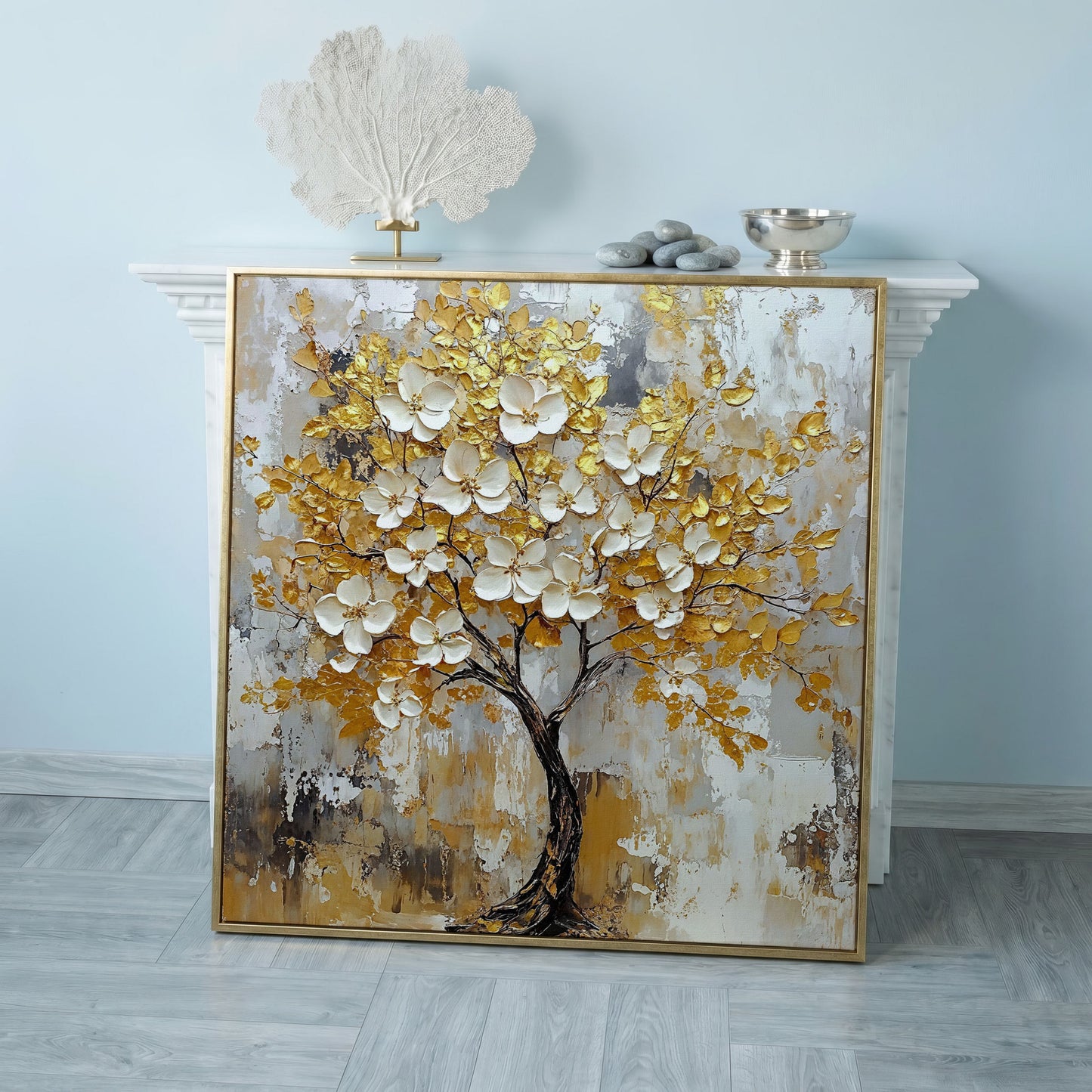 Tree with White Blossoms and Gold Leaves Canvas in rose gold floating frame