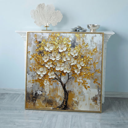 Tree with White Blossoms and Gold Leaves Canvas in rose gold floating frame