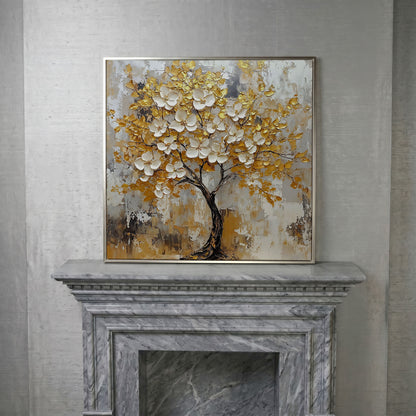 Tree with White Blossoms and Gold Leaves Canvas in silver floating frame