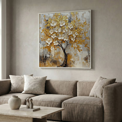 Tree with White Blossoms and Gold Leaves Canvas in white floating frame