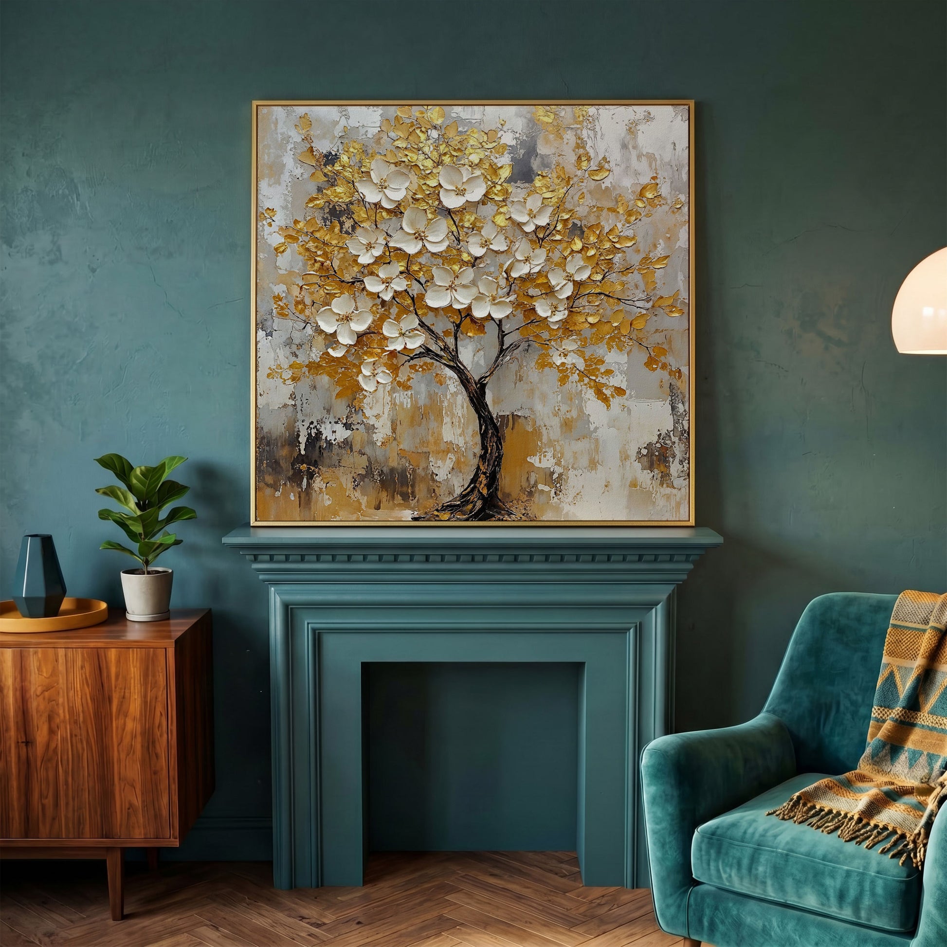 Tree with White Blossoms and Gold Leaves Canvas in yellow gold floating frame
