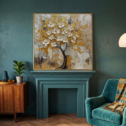 Tree with White Blossoms and Gold Leaves Canvas in yellow gold floating frame