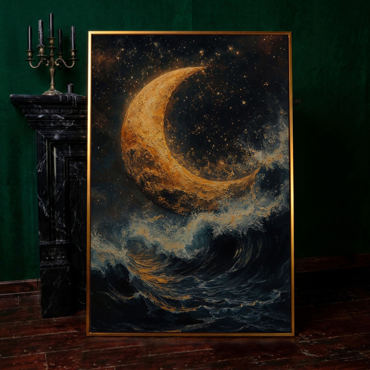 Crescent Moon Over Stormy Sea Canvas Wall Art in antique gold floating frame