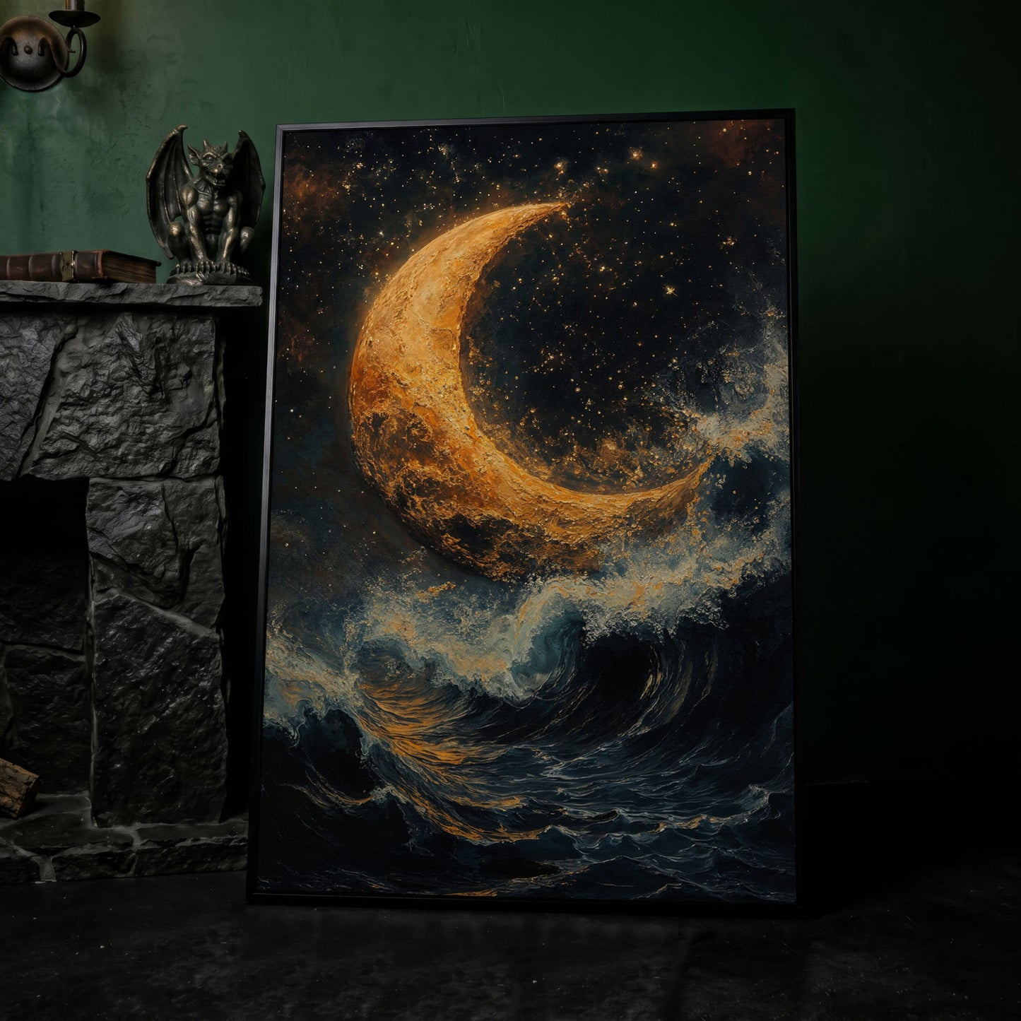 Crescent Moon Over Stormy Sea Canvas Wall Art in black floating frame