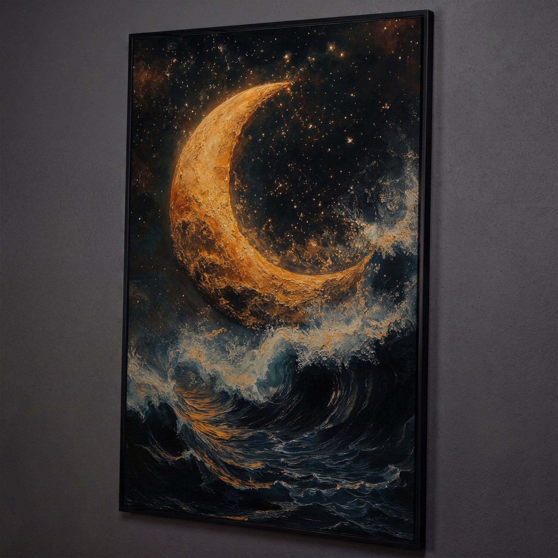 Crescent Moon Over Stormy Sea Canvas Wall Art shown in black floating frame