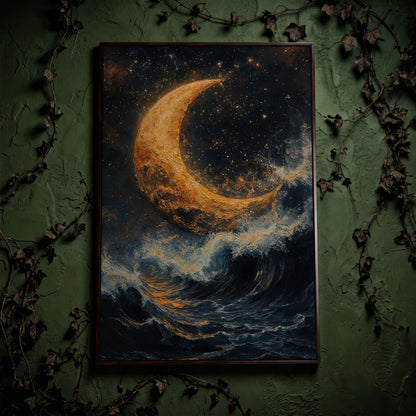 Crescent Moon Over Stormy Sea Canvas Wall Art in dark walnut floating frame