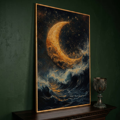 Crescent Moon Over Stormy Sea Canvas Wall Art in white oak floating frame