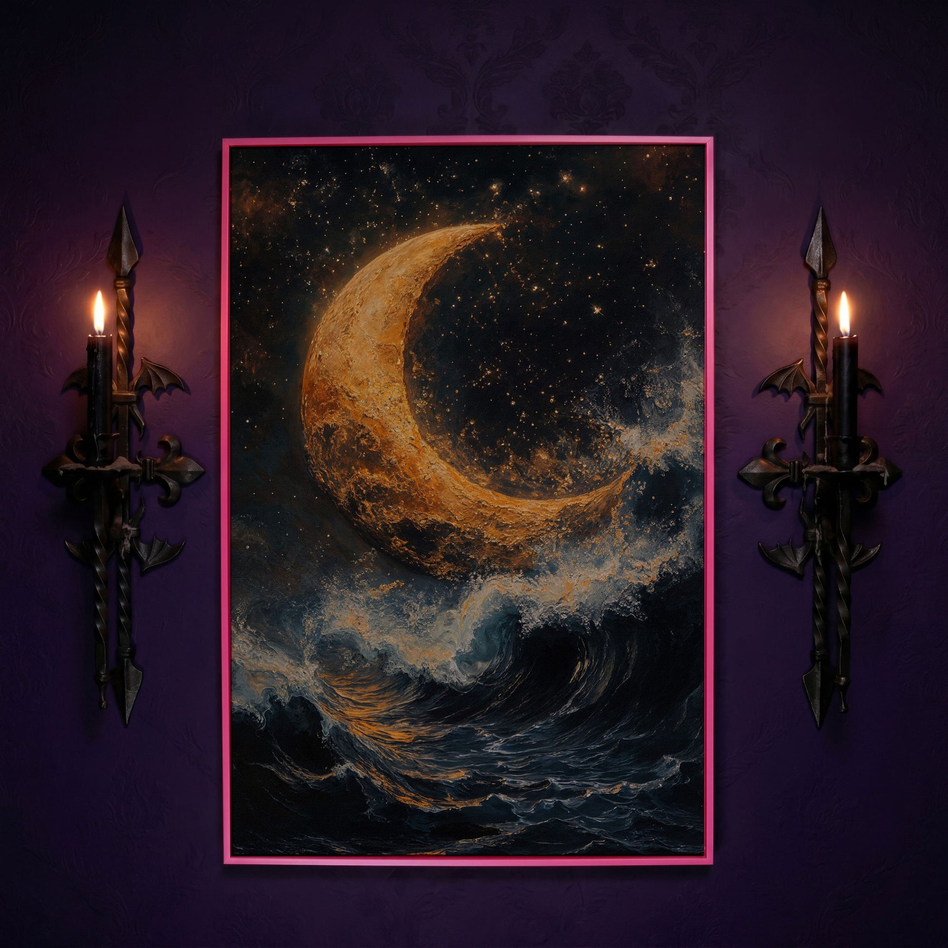 Crescent Moon Over Stormy Sea Canvas Wall Art in pink floating frame