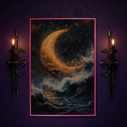 Crescent Moon Over Stormy Sea Canvas Wall Art in pink floating frame