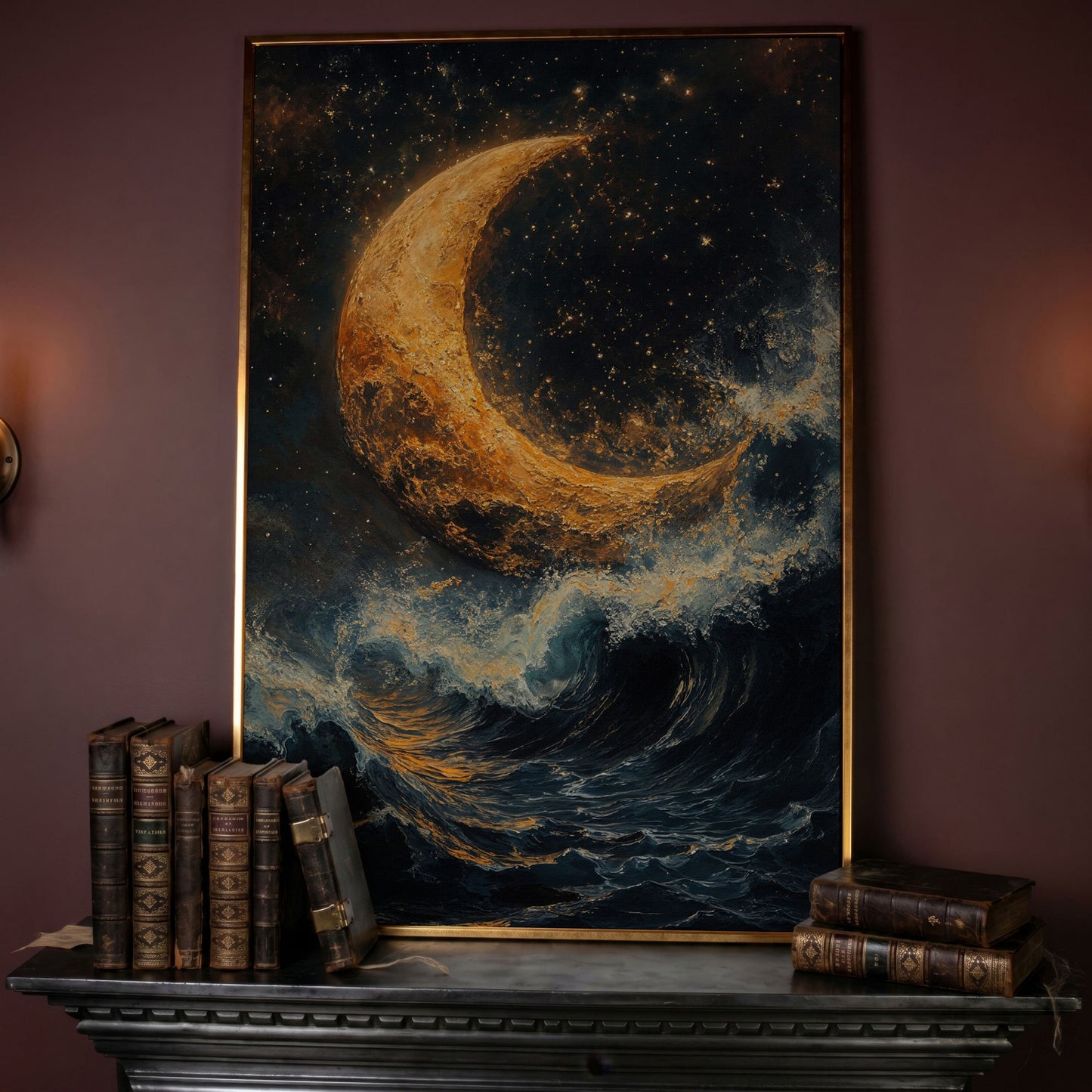 Crescent Moon Over Stormy Sea Canvas Wall Art in rose gold floating frame