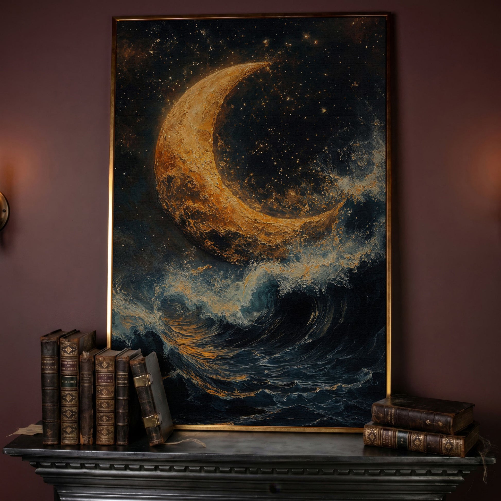 Crescent Moon Over Stormy Sea Canvas Wall Art in rose gold floating frame