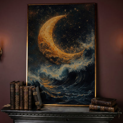 Crescent Moon Over Stormy Sea Canvas Wall Art in rose gold floating frame